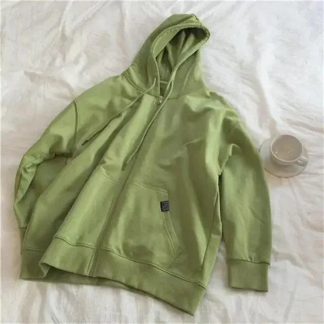 Modern With Hat Hoodies Women  Kangaroo Pocket Casual Loose Solid Color Sweatshirt Female  Fashion New Female Tops Sports Clothing Oversized Zip Hooded Sweatshirt Cotton Women Autumn Hoodie